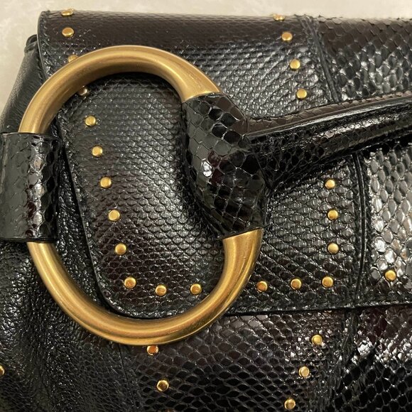 Auth Gucci Tom Ford large studded horsebit clutch chain strap REAL black python - Picture 5 of 14